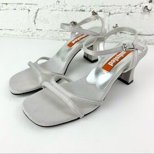 Unlisted Satin Grey Square Toe 90s Slingback Ankle Mini Heels 6